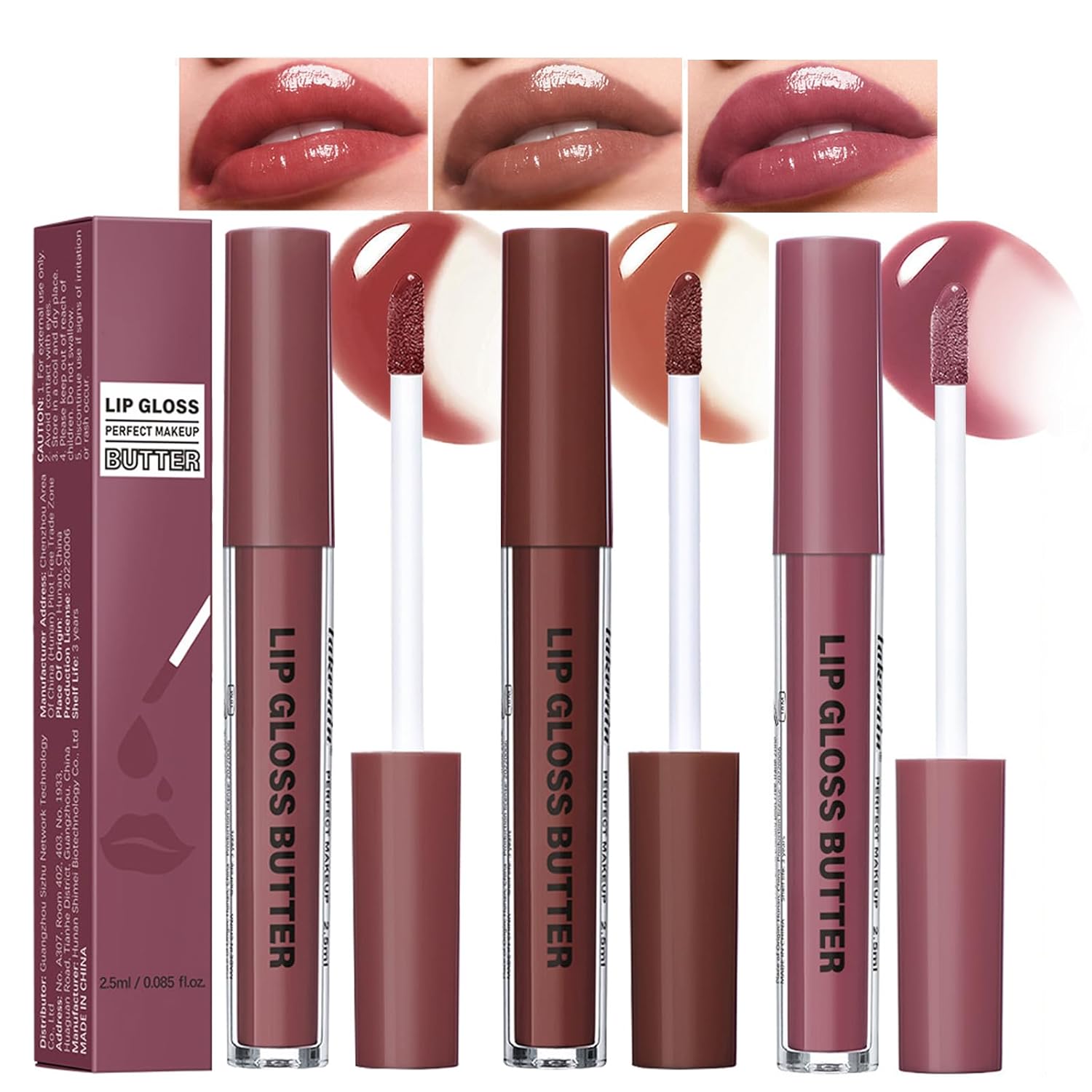 3 Colors Lip Gloss Butter, Glossy Moisturizing Lipstick, Non Sticky High Shiny Finish Conditioning Lip Glow Oil for Shine Hydration Sheer Tinted Soothing Lip Care