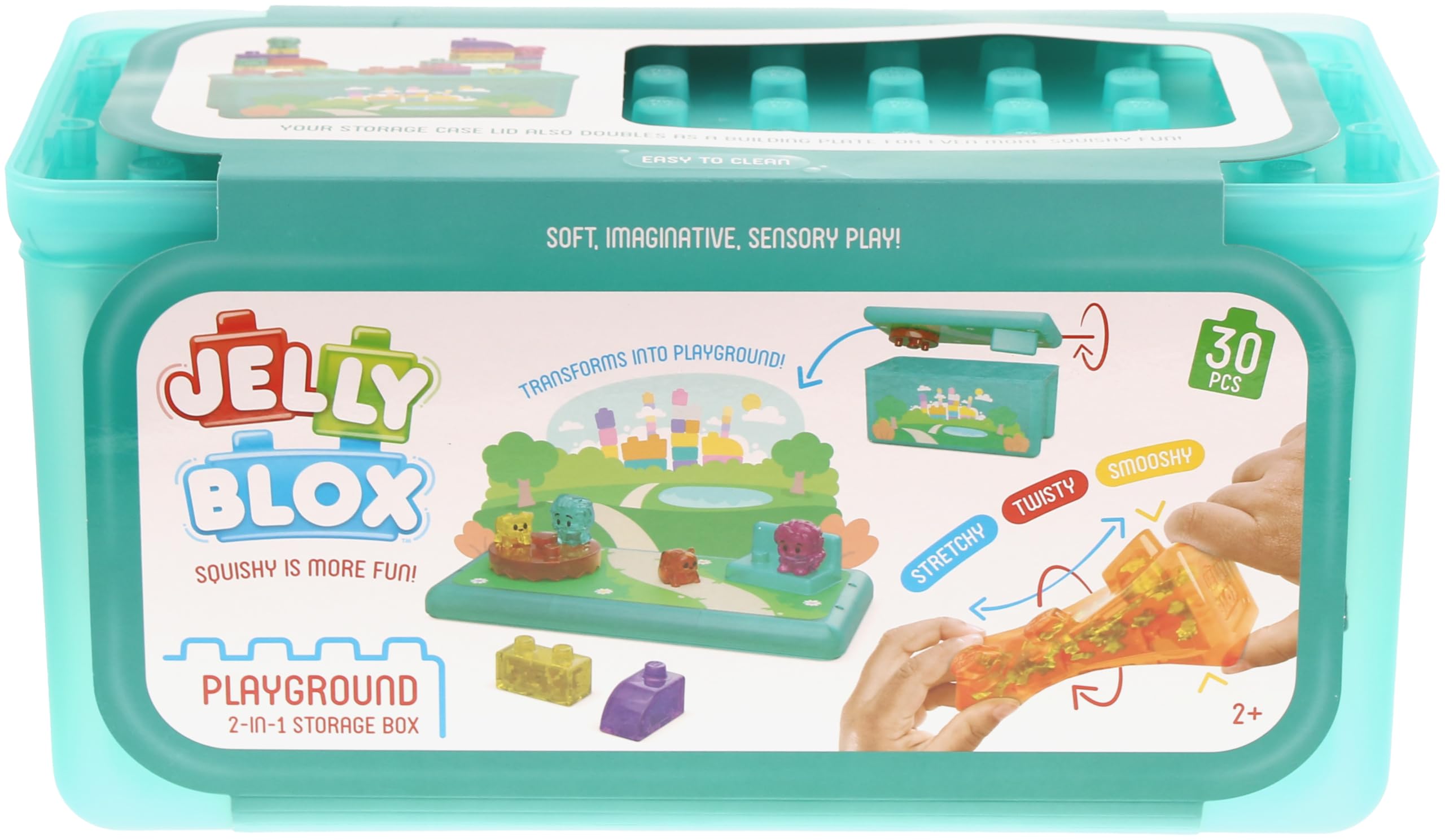 Goliath Jelly BLOX – Playground Store & Play Set | Juego de construcción sensorial 2+ | 30 Bloques Blandos y Coloridos con Personajes y Animales | Tapa-Tablero, Caja de almacenaje | Idea Regalo