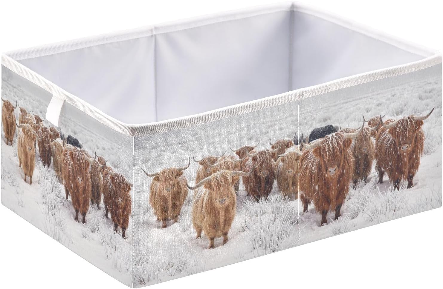 linqin Scottish Highland Cow Print Rectangle Storage Basket, Foldable Open Storage Bins Baby Nursery Organizing with Handles for Shelves Closet Home Decor