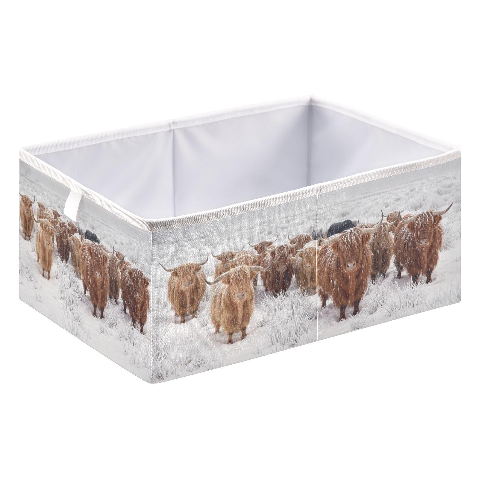 Linqin Scottish Highland Cow In A Natural Winter Collapsible Open Storage Bins, Foldable Toy Nursery Storage Basket Bin Cloth Cube Rectangular Organizer With Handles For Shelves Closet Home Decor