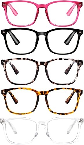 VIDEBLA Paquete de 5 lentes de lectura con bloqueo de luz azul, lectores de bisagra de resorte para mujeres y hombres, anteojos nerd con filtro anti
