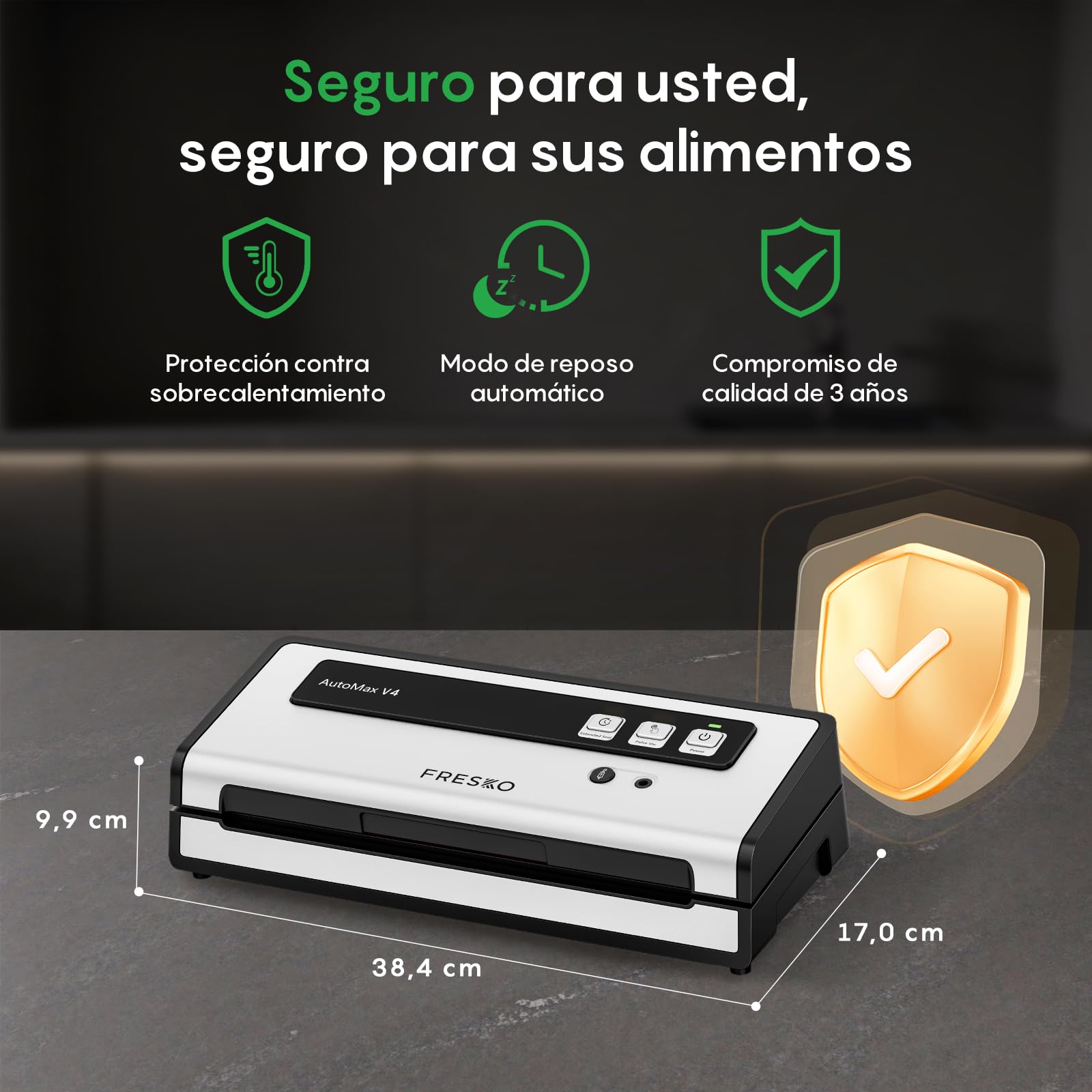 FRESKO Envasadora al Vacío Automática, 140W con Doble Sellado por Calor, Modo Seco/Húmedo, Uso con Una Mano, Incluye 10 Bolsas Pre-cortadas y 4 Kit para sellar tarros Mason (Automax V4)