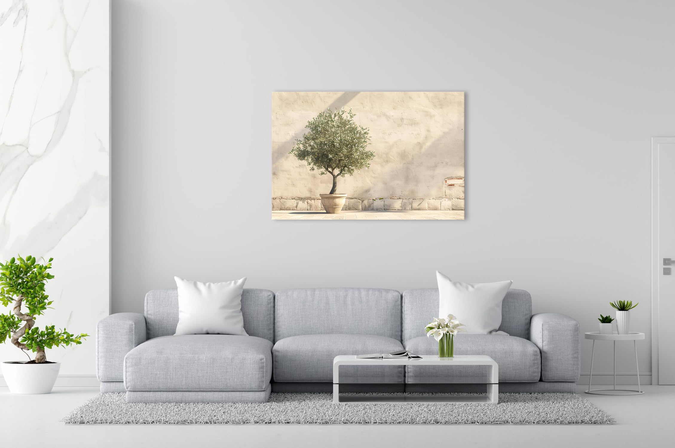 Farbenhorizont Leinwandbild Mediterraner Innenhof mit Olivenbaum, warmes Sonnenlicht Format: 120x80cm XXL Wandbild auf Keilrahmen/Kunstdruck/Bild Wohnzimmer Dekoration