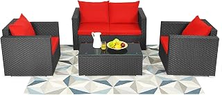 Tangkula 4 Pieces Patio Rattan Conversation Furniture Set, Outdoor Wicker Sofa Set with Padded Cushion & Tempered Glass Coffee Table, Wicker Sectional Sofas and Table for Courtyard Balcony