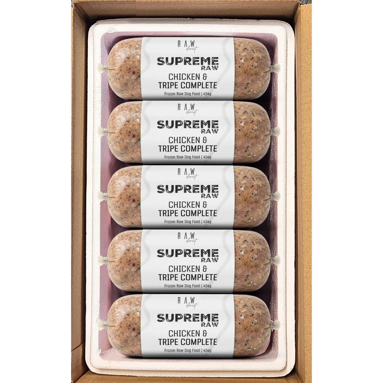 RAW DIRECT Supreme Raw Frozen BARF Dog Food - 454g Rolls - Variety Flavours – Box of 10, 20, 30 Rolls - Premium Natural Barf Diet - High-Protein, Grain-Free & Nutrient-Rich (10, CHICKEN & TRIPE) — image 1
