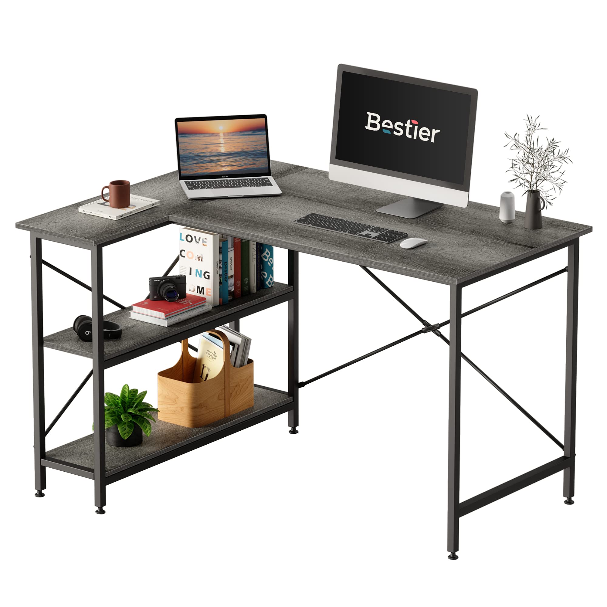 Bestier Small L Shaped Desk with Storage Shelves 47 Inch Corner