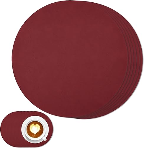 FunWheat Juego de 6 manteles individuales redondos con posavasos de piel sintética, lavables, de vinilo, manteles individuales para mesa de comedor,