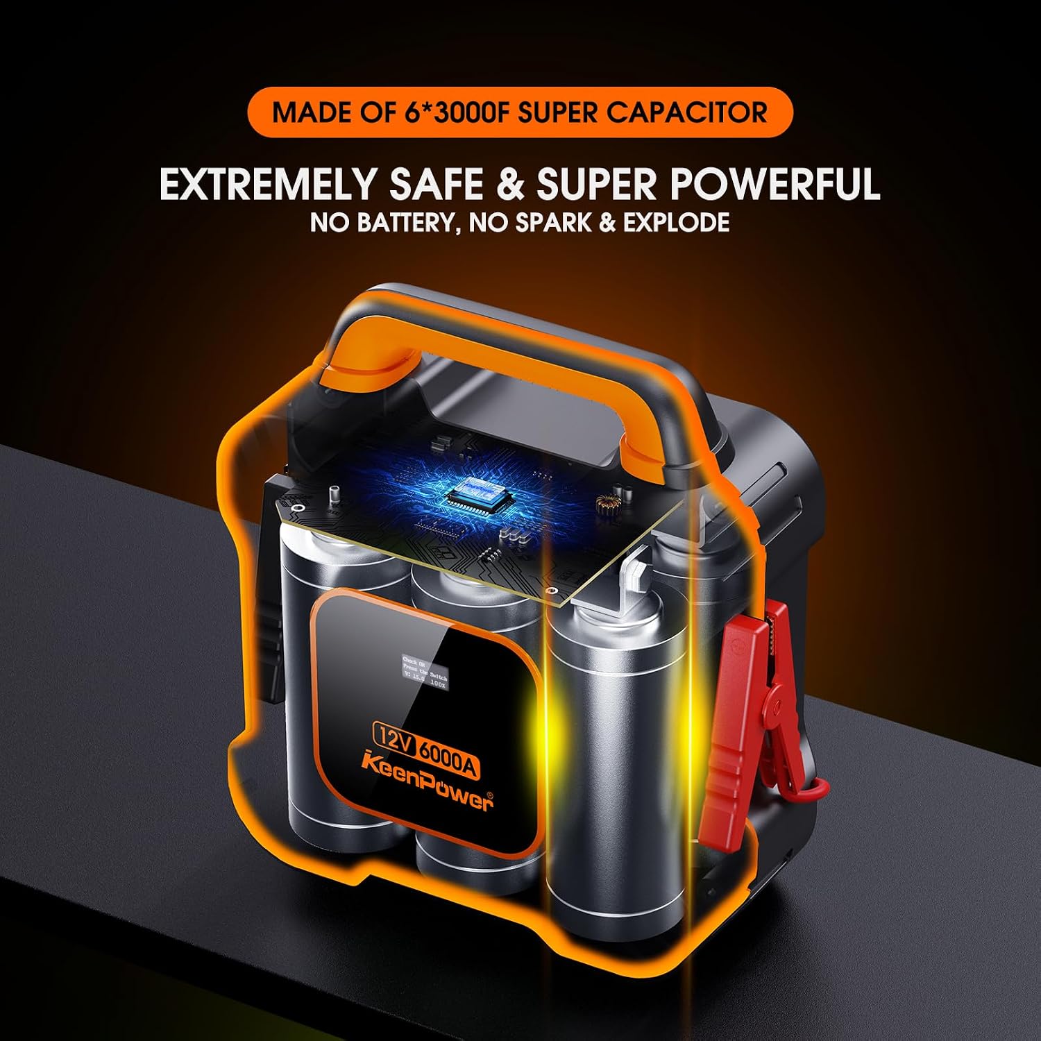 Internal view of KeenPower jump starter showing 6 supercapacitors