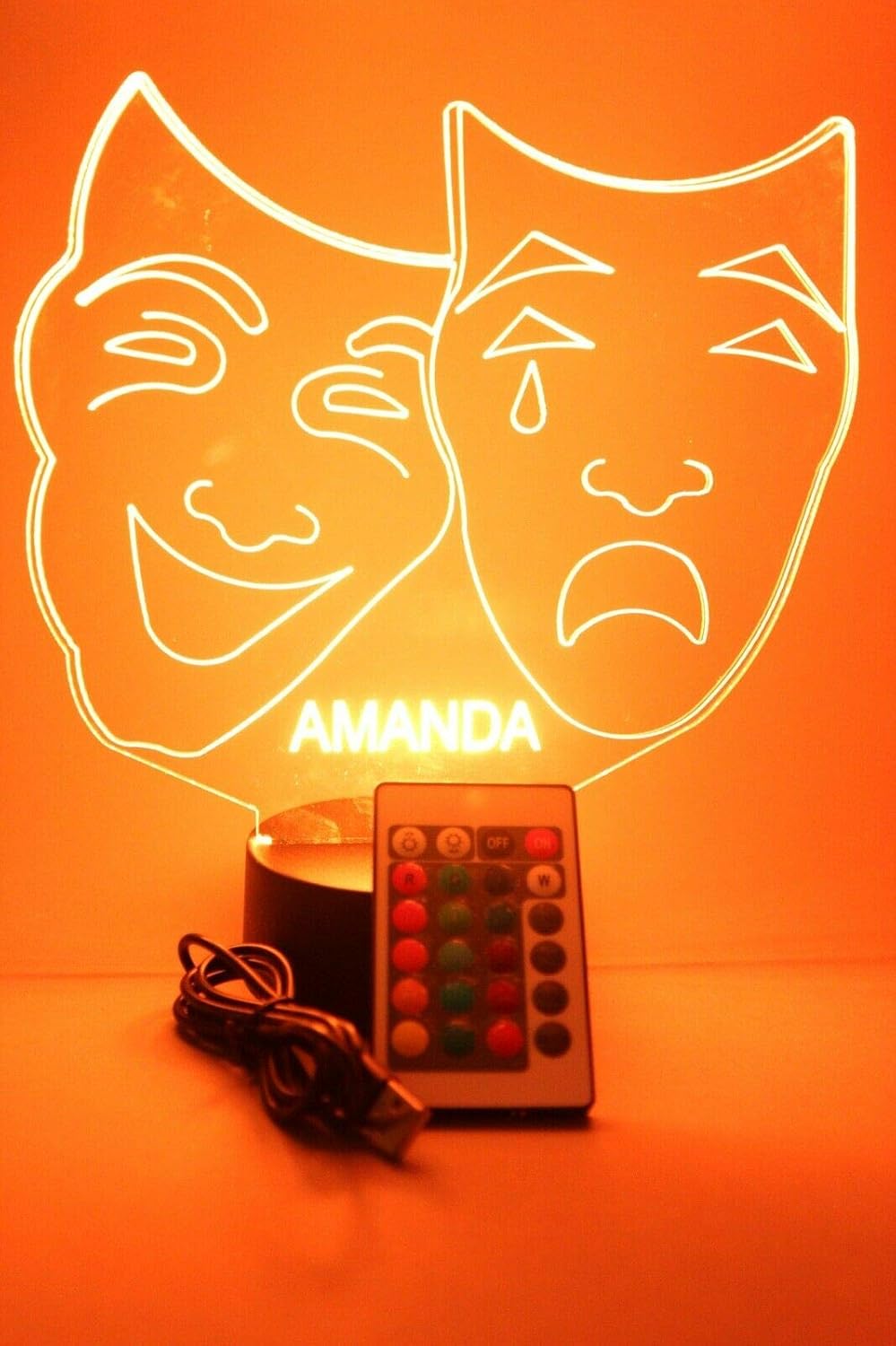 MIRROR MANIA Comedy Tragedy Theater Masks Light Up Night Light Lamp LED Free Engraved Custom Name Personalized Table Lamp, with Remote, 16 Different Color Options, Dimmer, It's Wow, Great Gift