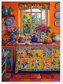 Mexican Tile Kitchen Art Print – Vibrant Orange Walls with Blue Teapot, Floral Accents, Colorful Boho Kitchen Decor-11x14Inch Ready to Hang (Unframed)