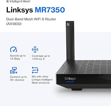 Linksys Mesh Wifi 6 Router, Dual-Band, 1,700 Sq. ft Coverage, 25+ Devices, Speeds up to (AX1800) 1.8Gbps - MR7350