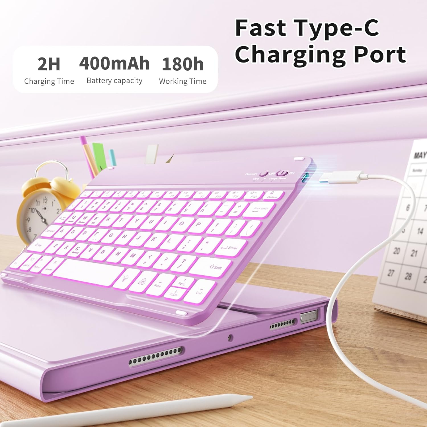 kenke Case for iPad (A16) 11-inch 2025 / 10th Generation 10.9-inch 2022 with Keyboard, Stand Folio Cover with Pencil Holder, 7 Color Backlit Detachable Wireless Keyboard, Purple