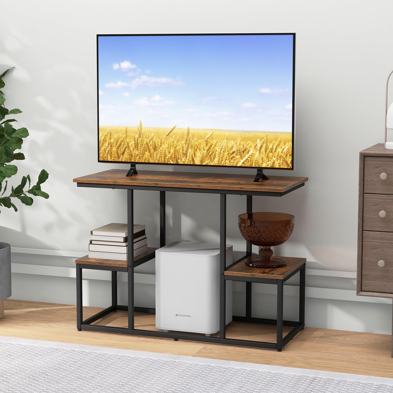 GOPLUS Konsola TV do telewizora do 50", regał pod telewizor z półkami i metalową ramą, stojak pod telewizor, stolik pomocniczy, stolik konsolowy do salonu, sypialni, 108 x 40 x 65 cm, rustykalny brąz