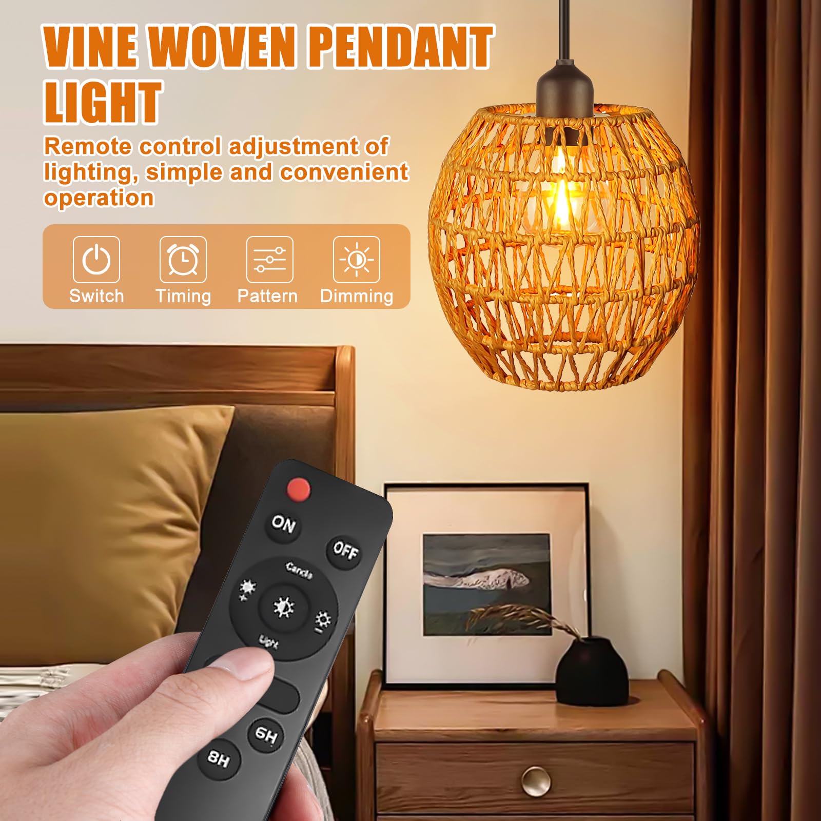Lámpara colgante con batería 2 piezas, lámpara colgante con batería con mando a distancia, cesta de ratán, lámpara bohemia de cuerda de cáñamo, lámpara sin conexión de alimentación para patio, salón