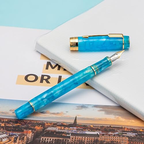 Miniatura 4 de Jinhao 100 Mini pluma estilográfica de resina azul, punta extra fina iridio con borde dorado, bolígrafo de escritura suave