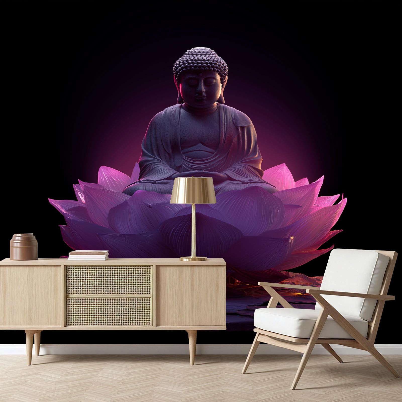 Papier peint 3d lotus zen violet pour agrandir un salon ou une salle de bain