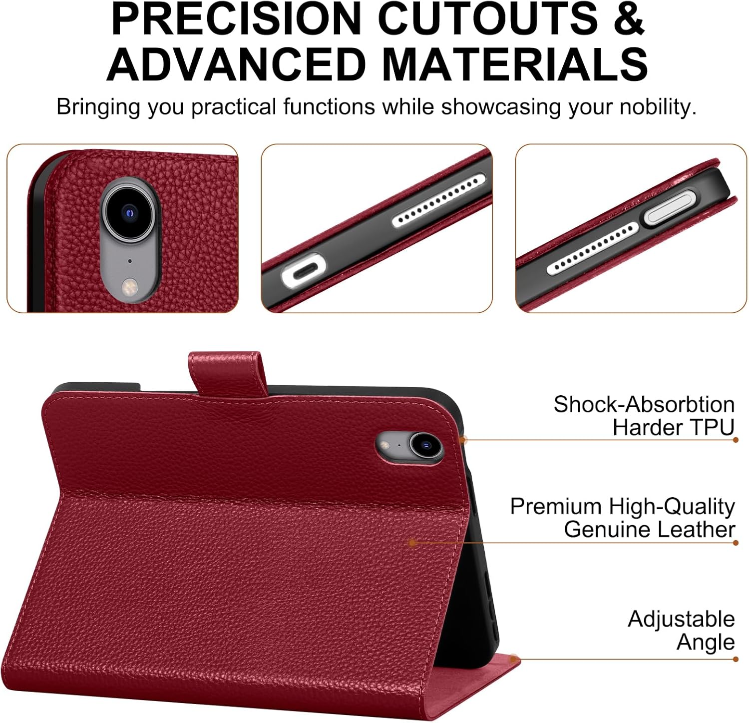 Genuine Leather Case for iPad mini 7th/6th Gen 8.3 Inch 2024/2021 | with Pencil Holder and Adjustable Stand, Magnetic Closure, Auto Wake/Sleep Cover | Wine Red