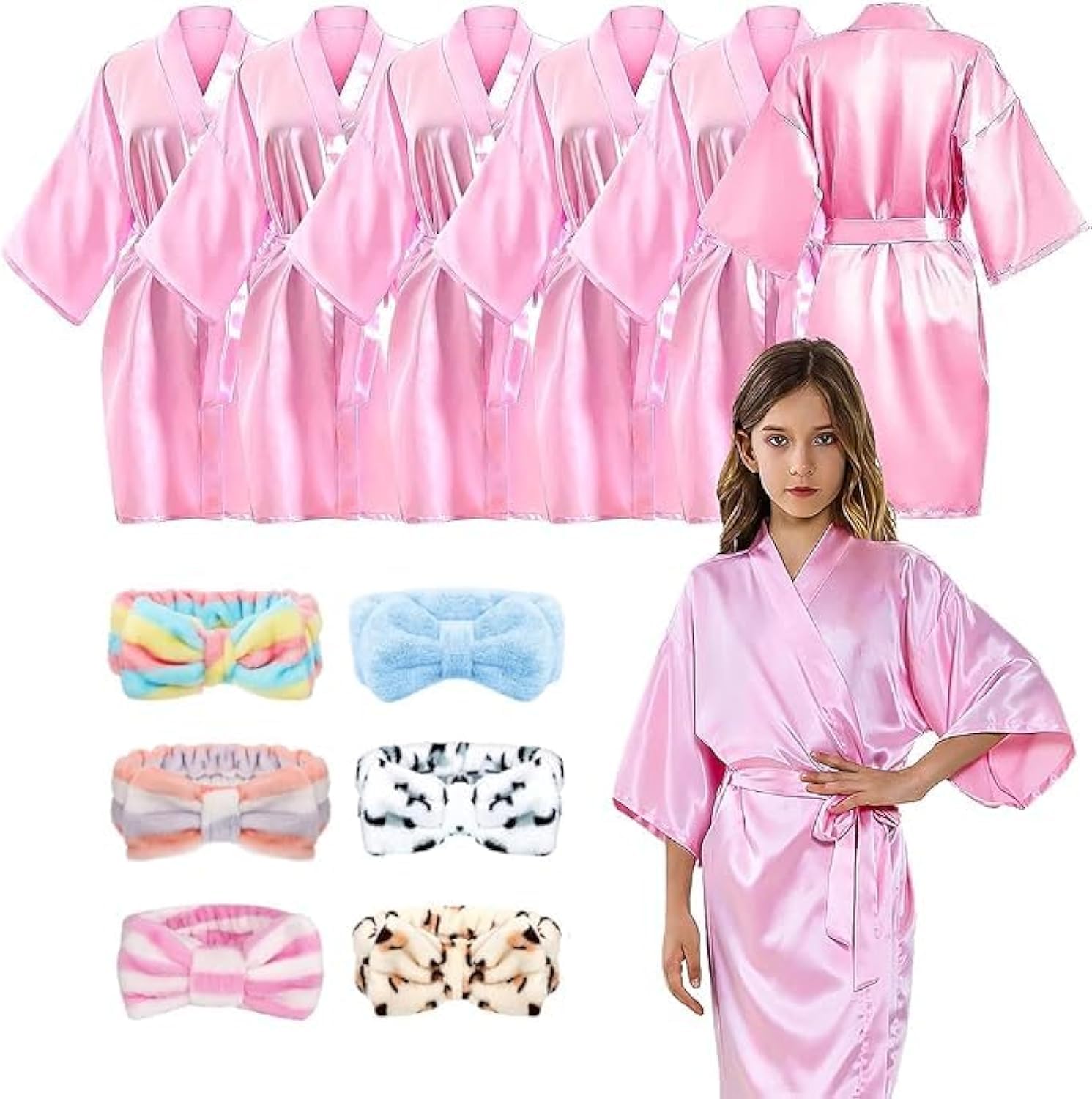 MSYU Bata de spa para niñas, juego de 12 batas de baño tipo kimono de satén rosa con diademas para el cuidado de la piel, suministros para salón, boda, fiesta de cumpleaños, talla 12, rosa, 150
