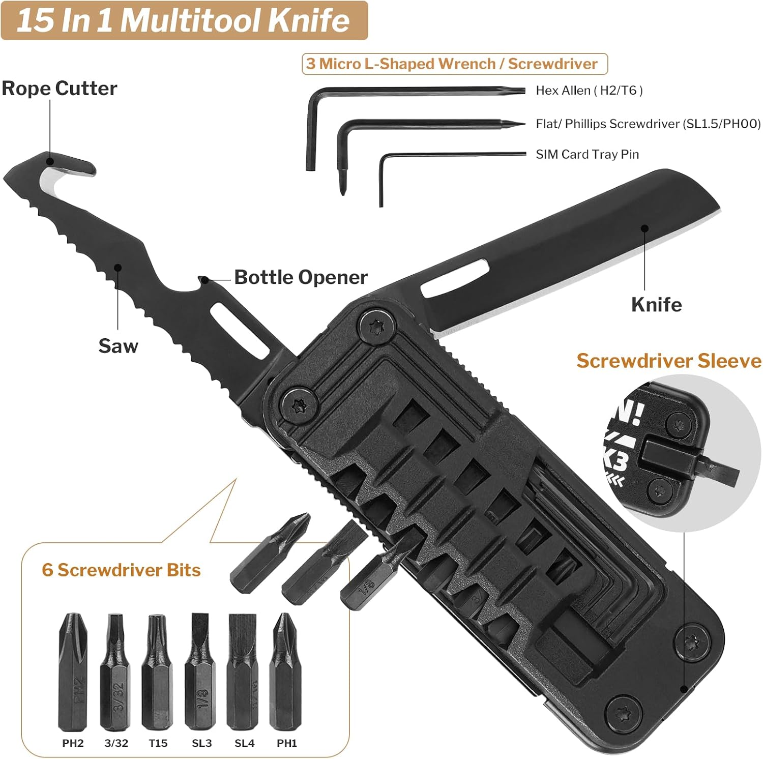 Viperade VAK3 15 in 1 Multitool Knife, Bottle Opener, Saw, Rope Cutter, 6 Screwdriver Bits Set and 3 Micro L-Shaped Wrench/Screwdriver-Perfect for Camping, Outdoor and Everyday Use
