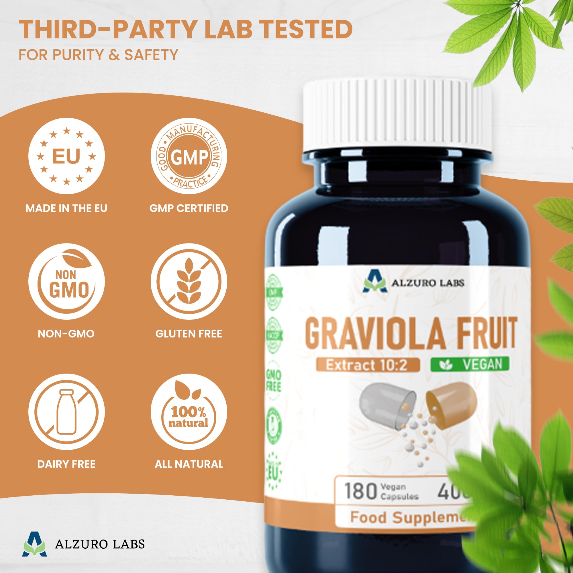 Graviola (Soursop) | 4.000 mg Equivalente | Extracto de Fruta 10:1 400 mg | 180 Cápsulas Veganas | Annona muricata | GMP & Probado por Laboratorio Independiente