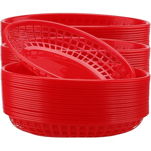 HOZEON 60 Pack 8.9 x 5.5 Inches Red Fast Food Baskets, Plastic Food Serving Baskets, Oval Bread Fry Basket Deli Baskets Restaurant for Burgers, Sandwiches, Barbecues