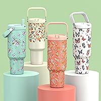 Vista 3 de Vaso de 40 onzas con asa y pajilla, vasos aislados al vacío con popote abatible y asa superior, vaso aislado reutilizable para el hogar, al aire