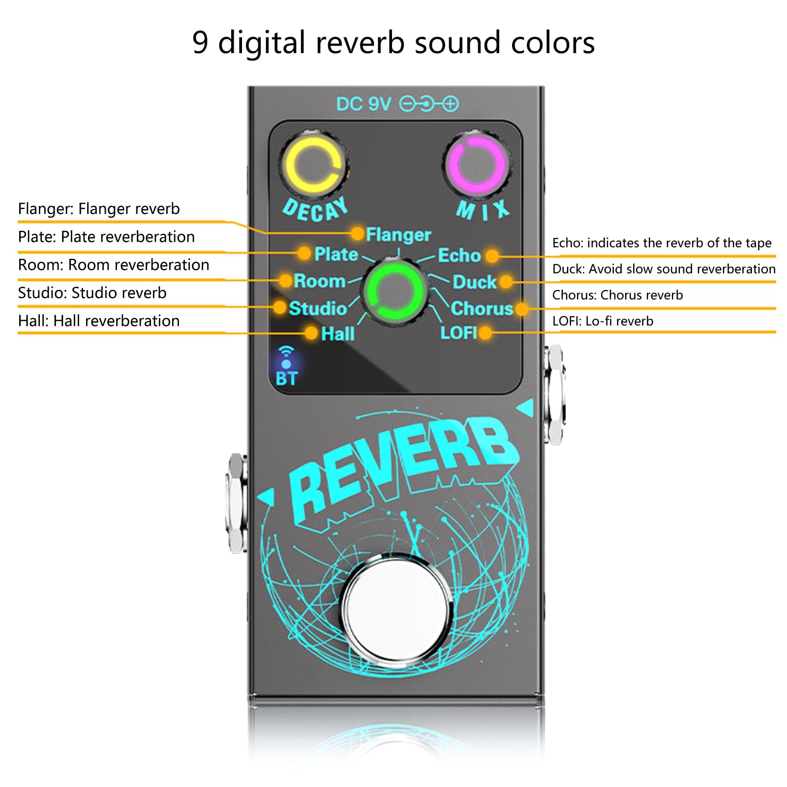 Pedal de Efectos de reverberación de Guitarra, Pedal de Efectos de reverberación de Bloque único, Pedal de Efectos de reverberación Digital de 9 Modos.