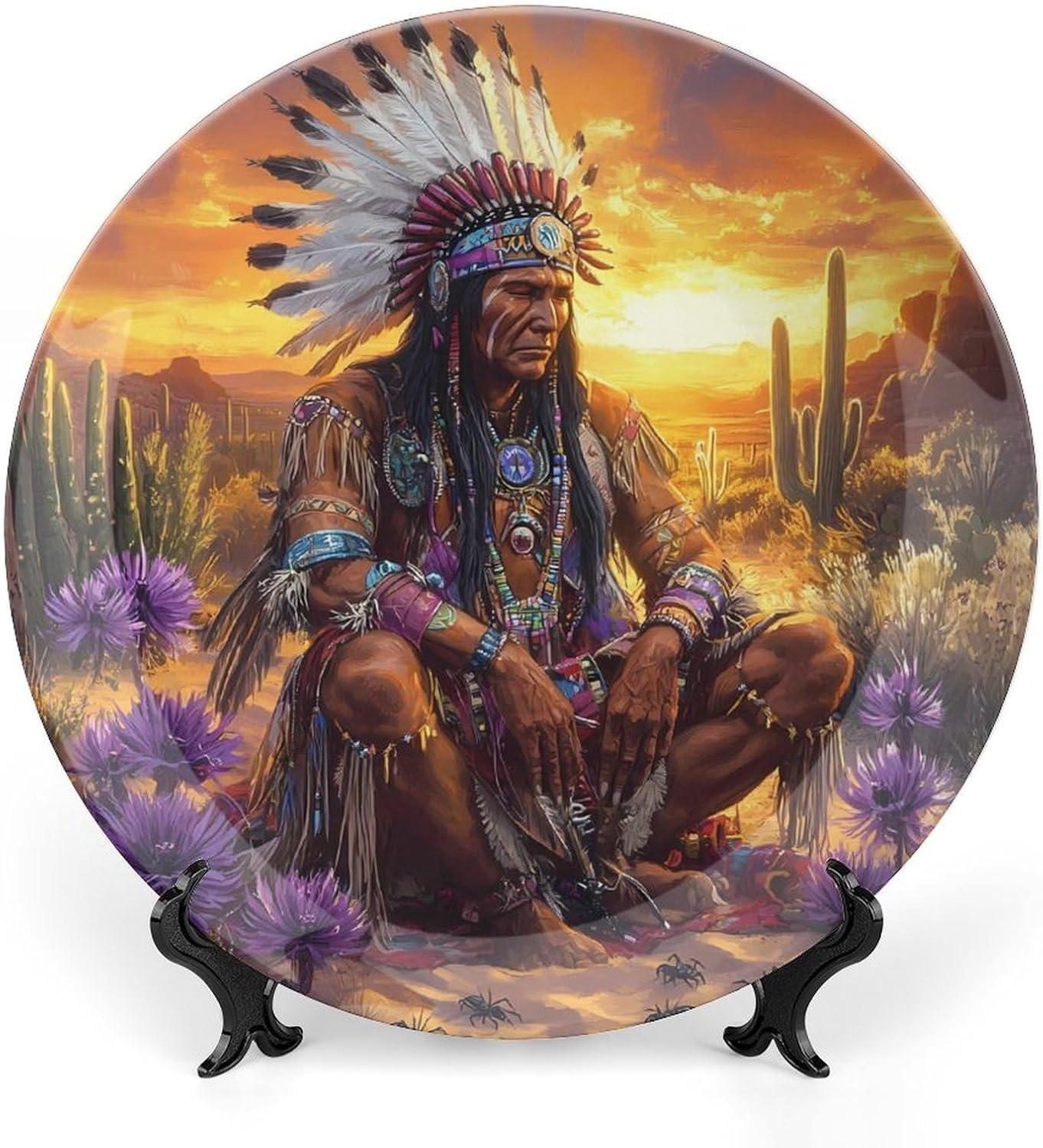 Native Indian Chief Sunset Bone China Decorative Porcelain Plates Dinnerware Ornaments