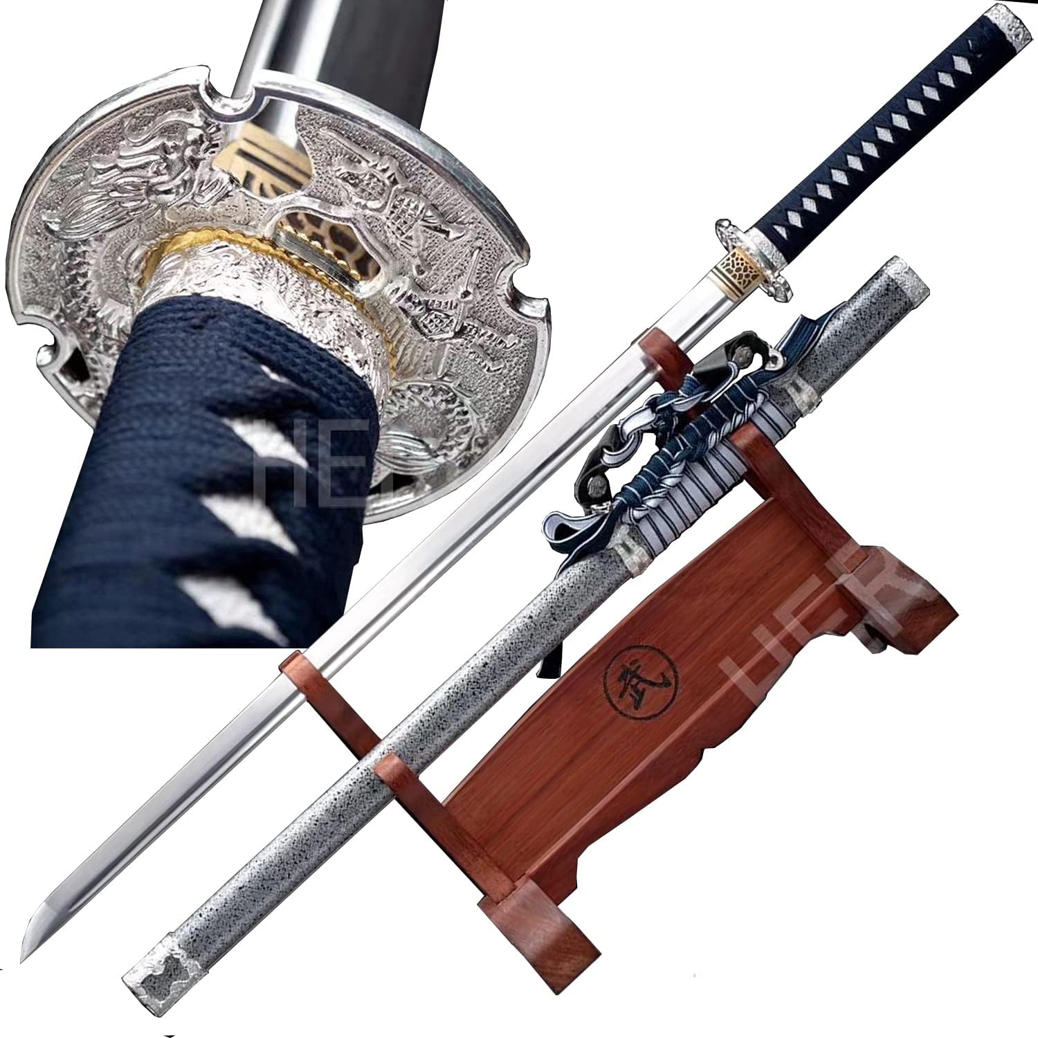 Sliver Dragon Ninja Traditional Handmade 9260 Spring Steel Japanese Samurai Sword Straight Blade Katana Full Tang Sharp Combat Ready