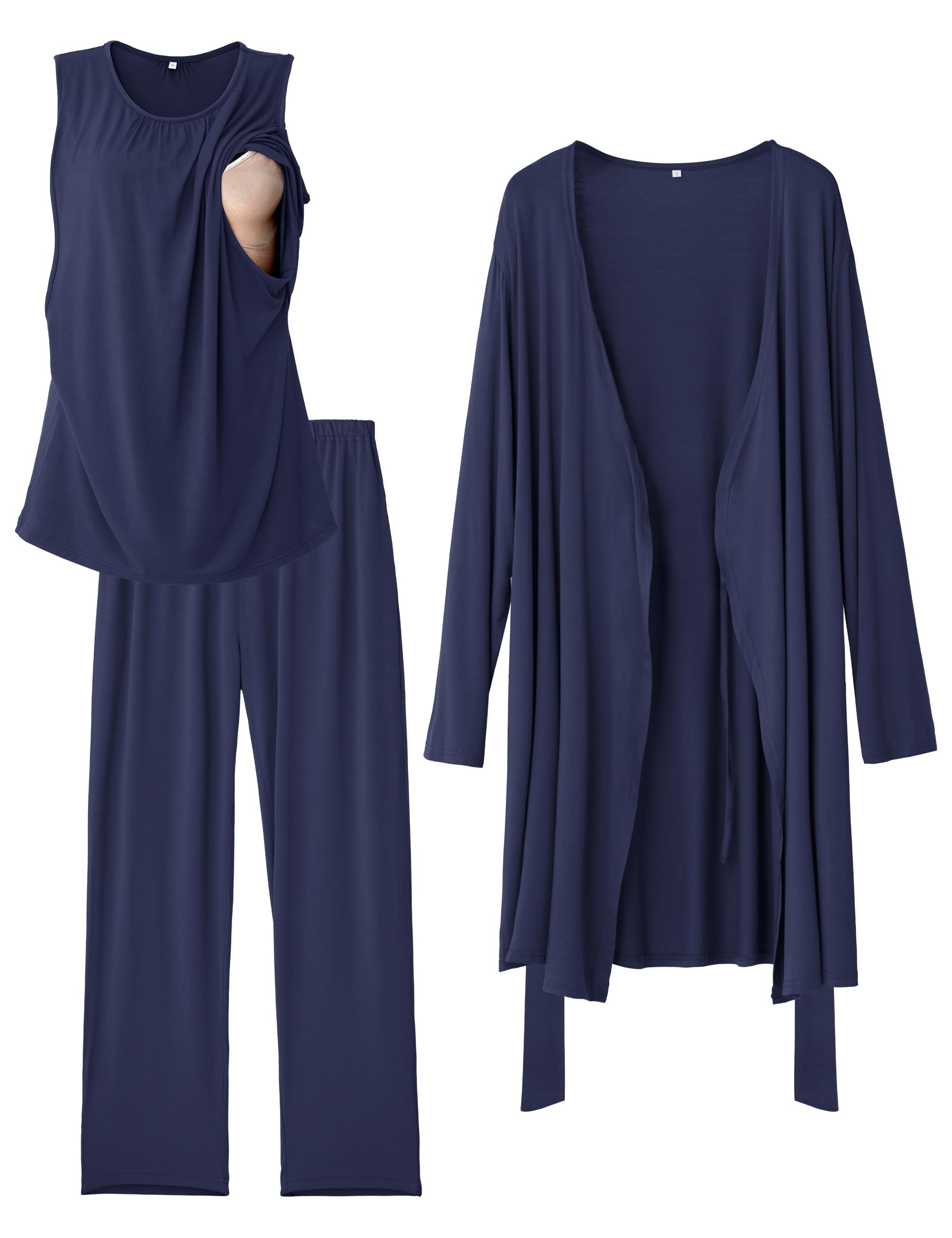 SUNNYBUY Stillpyjama Set Damen 3-teilig Umstands- und Still-Schlafanzug mit Top, Hose und Morgenmantel ideal für Schwangerschaft, Wochenbett und Klinik