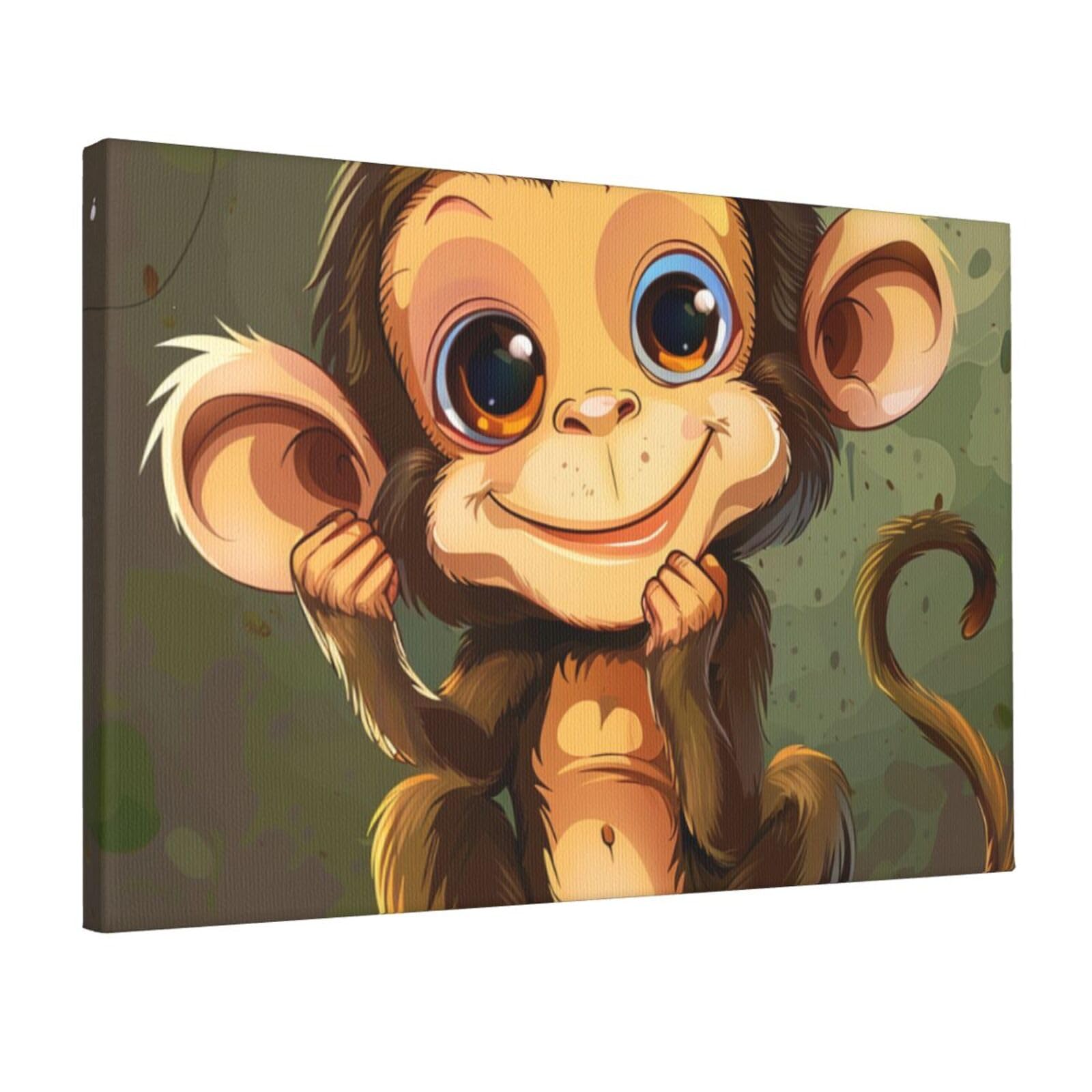 YKLJG Cute Monkey Printed Wall Art Canvas Prints 45x30 CM Wooden Framed Picture Painting Artwork for Bedroom Kitchen Home Office Decor