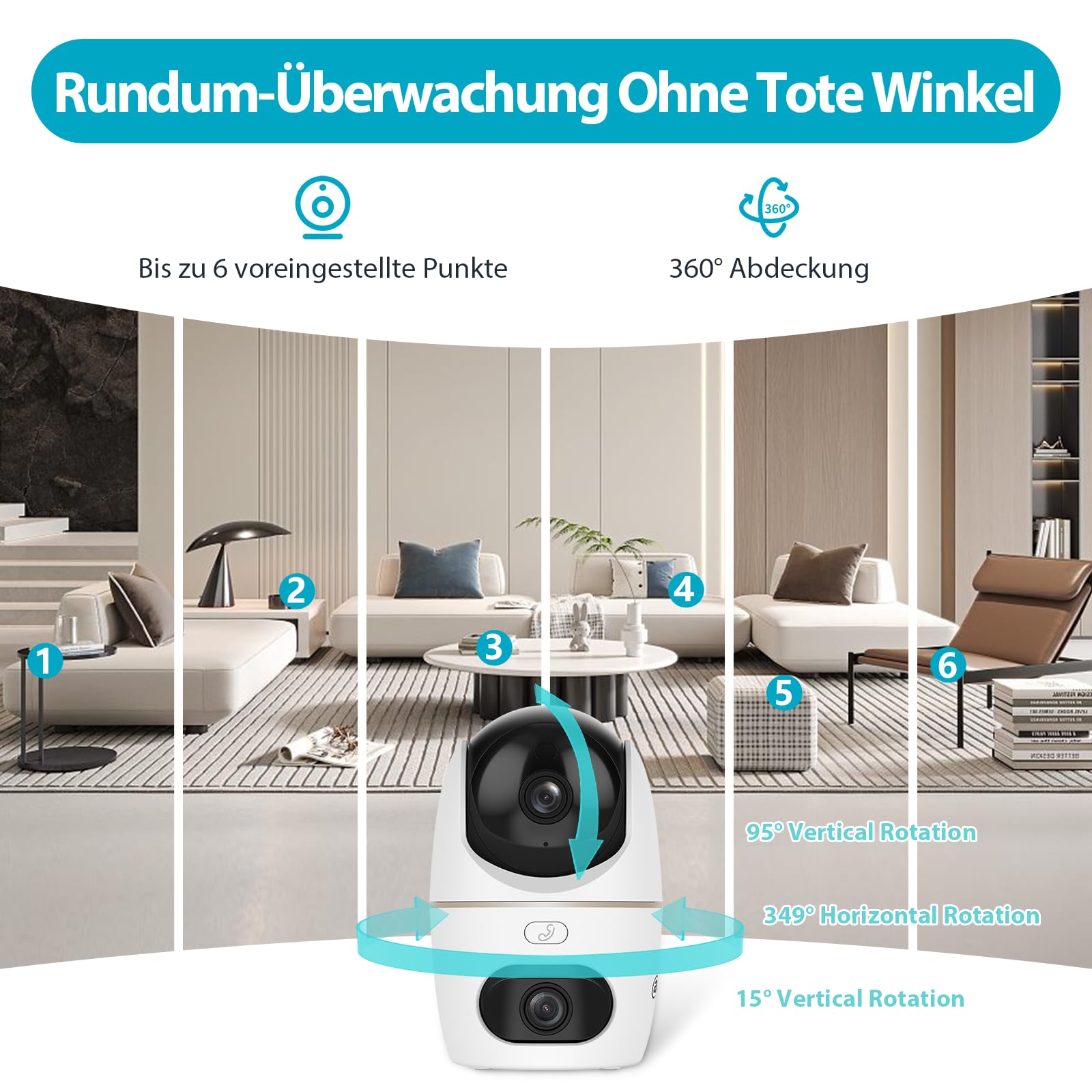 Dahua Dual-Lens Pan Tilt Innenkamera 3+3MP, 2.4/5GHz WLAN, KI Personen-/Tiererkennung, Farbnachtsicht, Automatische Verfolgung, 2-Wege-Audio + Sirene, Privat-Modus, H3D，Baby & Haustier