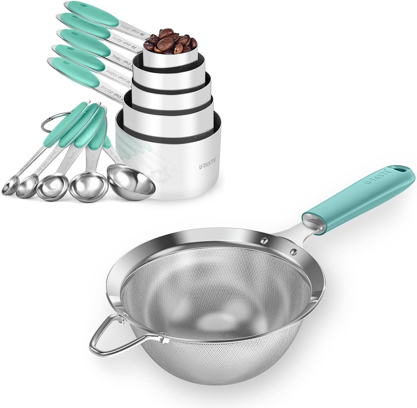 U-Taste 10 Piece Measuring Cups and Spoons Set in 18/8 Stainless Steel, and 18/8 Stainless Steel 5.5 inch 30 Mesh Strainer (Aqua Sky)
