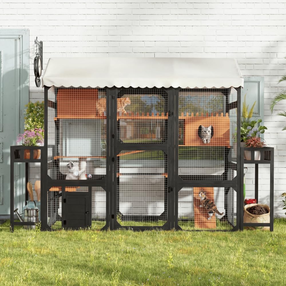 Large Outdoor Cat Enclosure, Wooden Catio with 2 Plant Stands, Multi-Level Playpen, Weather-Resistant Roof, Wire Mesh, Brown, 107.87 x 35.04 x 73.62 in (Black + Metal + Pine)