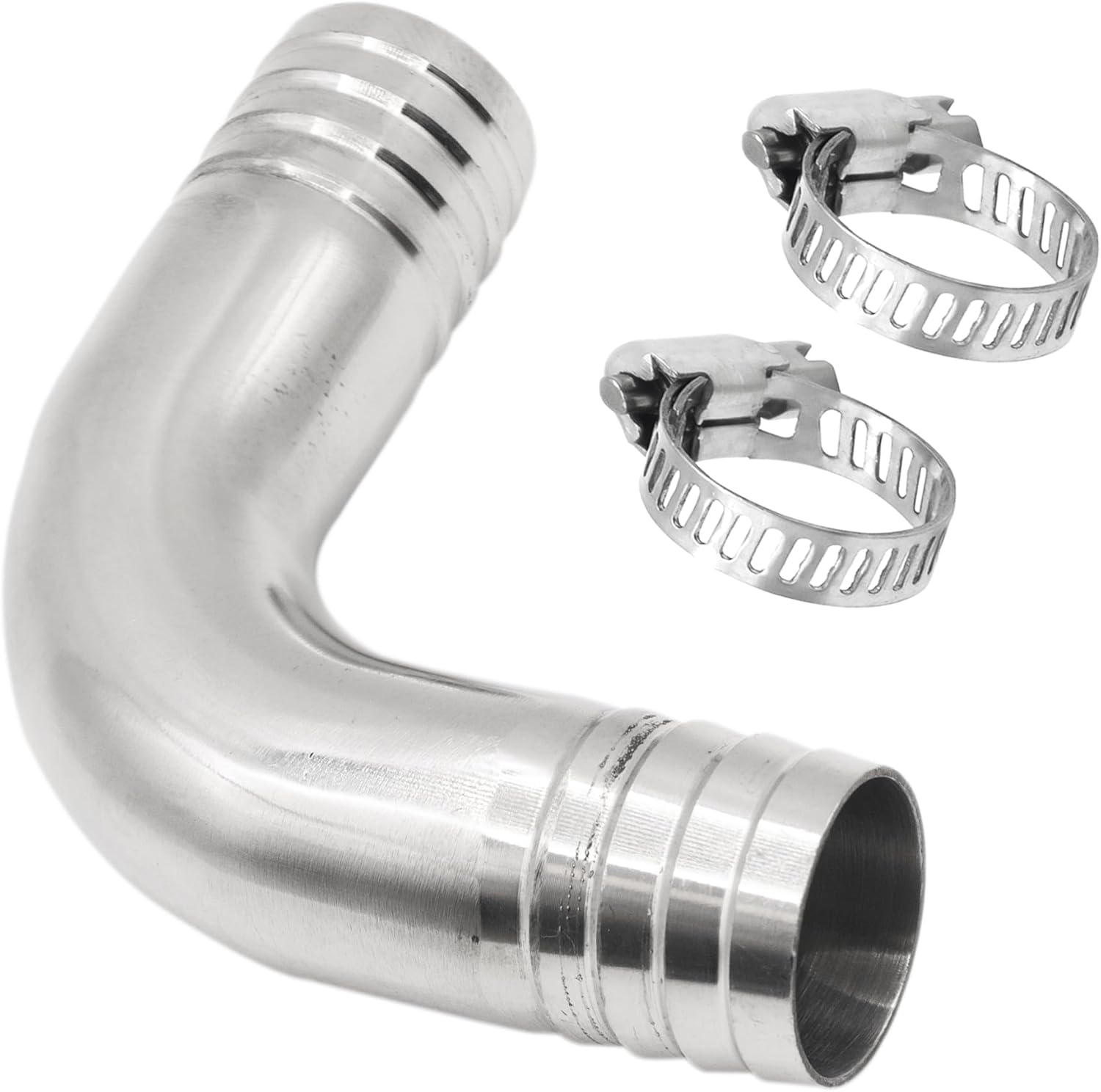 Stainless Steel 304 Sanitary Hose Fitting Barb 90 Degree Elbow 1" Barbed x 1" Barbed, 1pc Fitting with 2pcs SS304 Hose Clamps