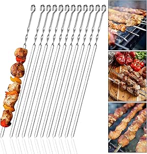 20 Brochettes Barbecue Acier Inoxydable 304 Réutilisables – 40 Cm, Plate, Avec Crochet Et Poignée