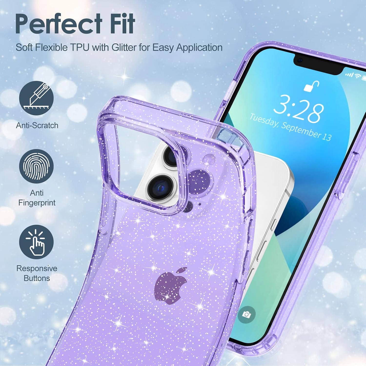 Hython Case for iPhone 13 Pro Case Glitter, Cute Sparkly Clear Glitter Shiny Bling Sparkle Cover, Anti-Scratch Soft TPU Thin Slim Fit Shockproof Protective Phone Cases for Women Girls, Purple Glitter