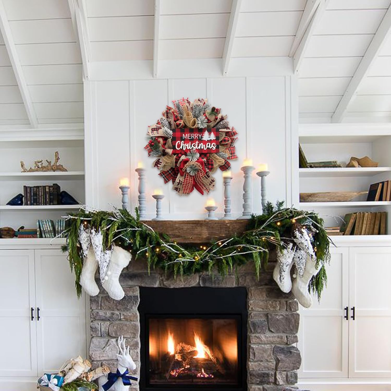 Idyllic Christmas Wreath for Front Door, 18" Winter Wreath with Merry Christmas Sign, Winter Decorations for Farmhouse Harvest Home Outdoor/Indoor