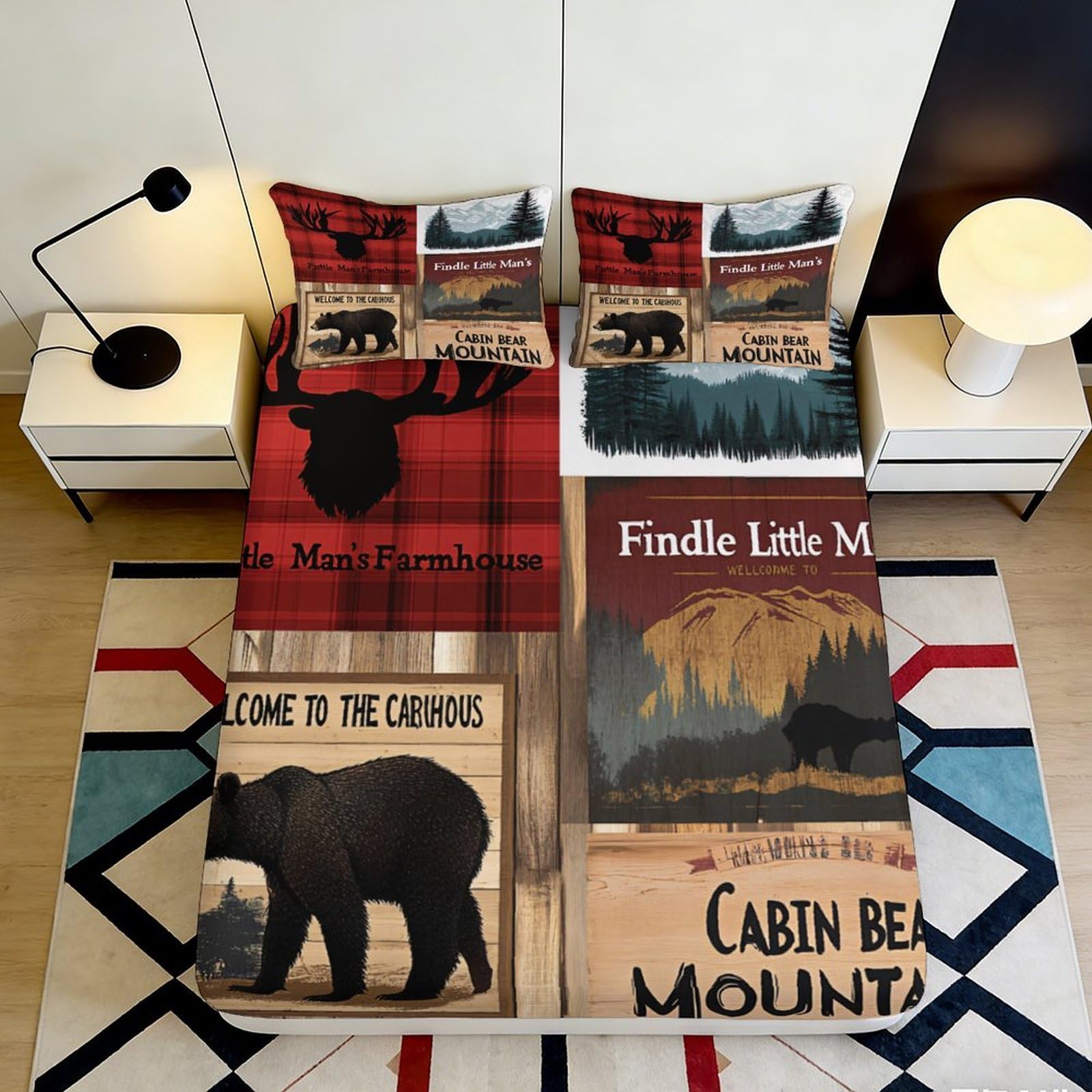Pnayamiorkfel Style-1 3D Printed Cabin Bear Mountain Fitted Sheet Microfiber Lodge Moose Farmhouse Mattress Cover For Bedroom Guestroom Decor 90X200x25cm