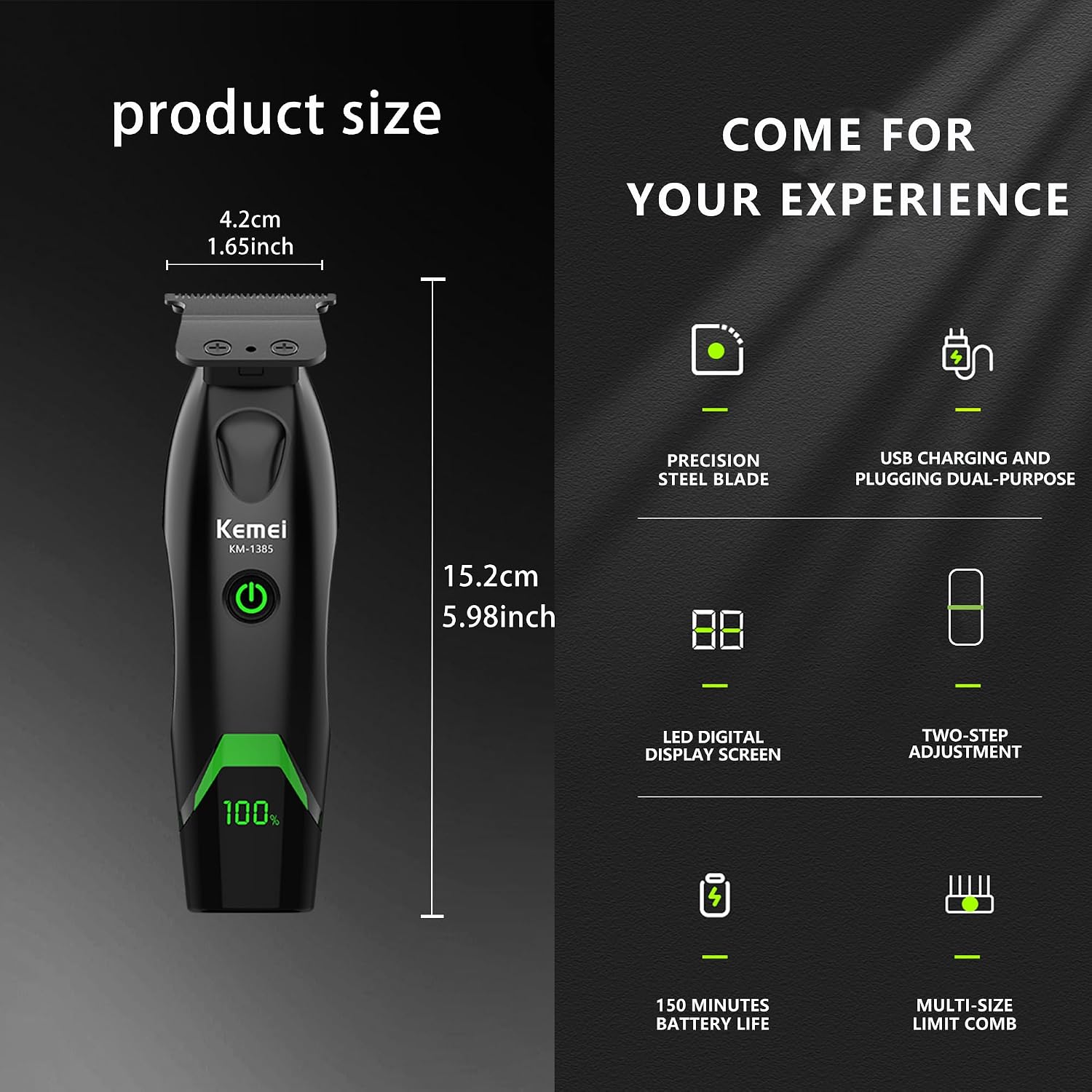 KEMEI 1385 Professional Zero Gapped T-Blade Cordless Hair Trimmer for Men | Hair Edger Beard Trimmer Kit LED Display, Detailing, Lining, Stay-Cool Blade, 7000 RPM, Charging Dock, for Barbershop