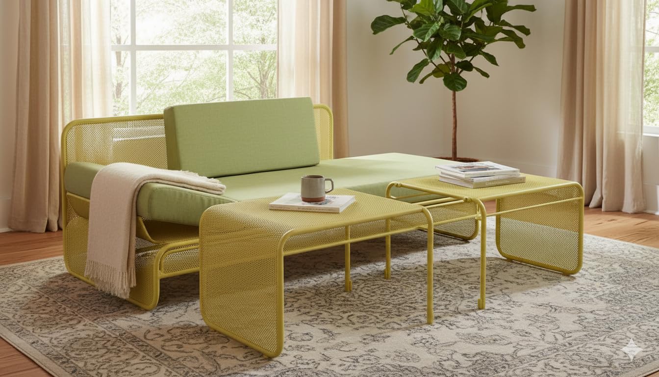 VITAL 4-Seater Outdoor Sofa Set, Bistro Furniture Wicker Patio Chairs with Cushion, Tempered Glass Table| Metal Frame Patio Garden Furniture I Modern Design Garden Lounge Wire Mesh Sofa Set