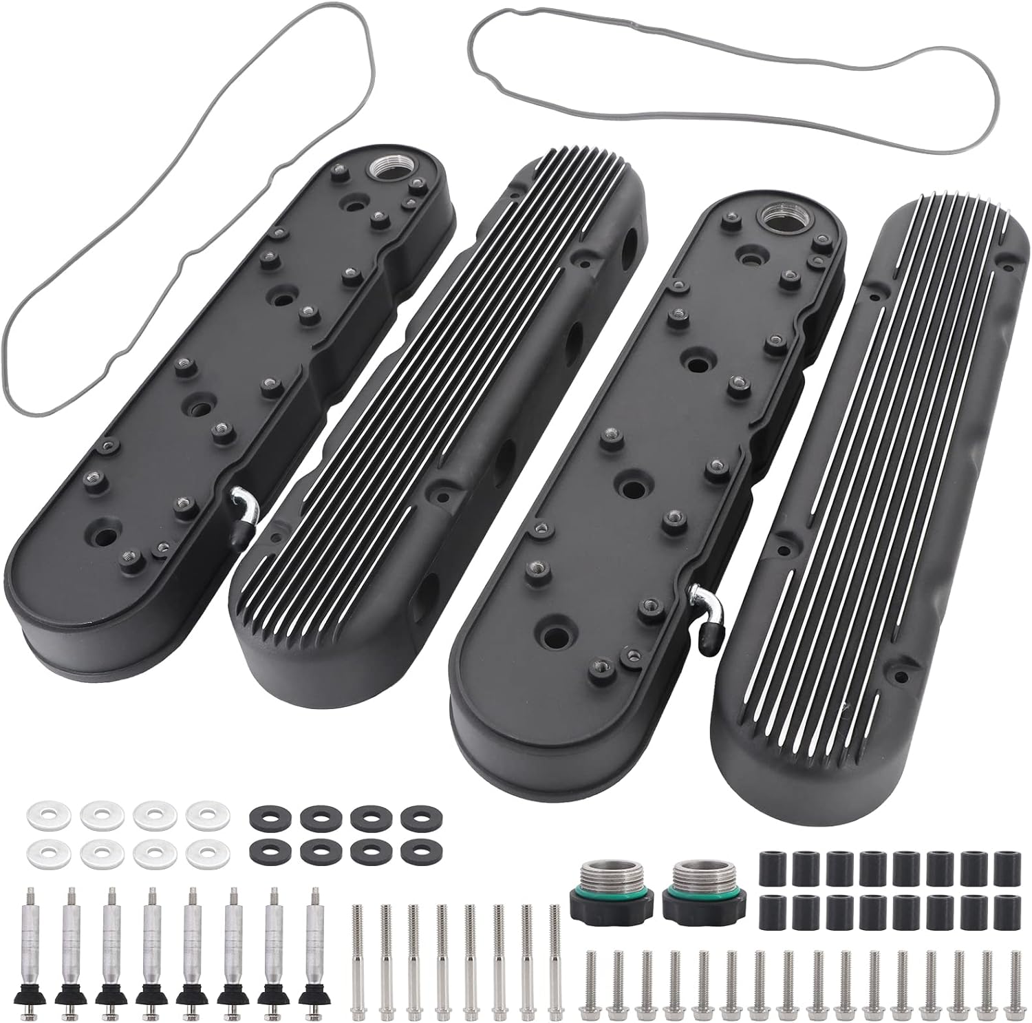LS Finned Cast Aluminum Valve Covers with Coil Mounts and Covers Compatible with Che-vy Small Block SB V8 293 325 376 427 LS1 LS2 LS3 LS6 LS7, Black