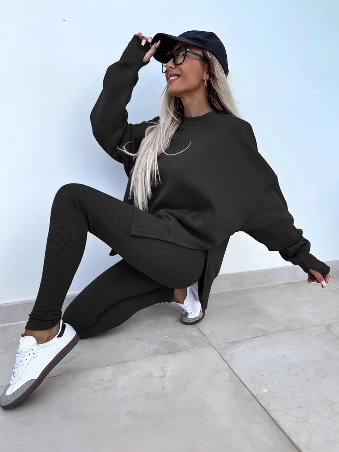 Adogirl Sweatsuit for Women Casual Two Piece Outfits Oversized Pullover Sweatshirts with Thumb Hole Slit Ribbed Pants