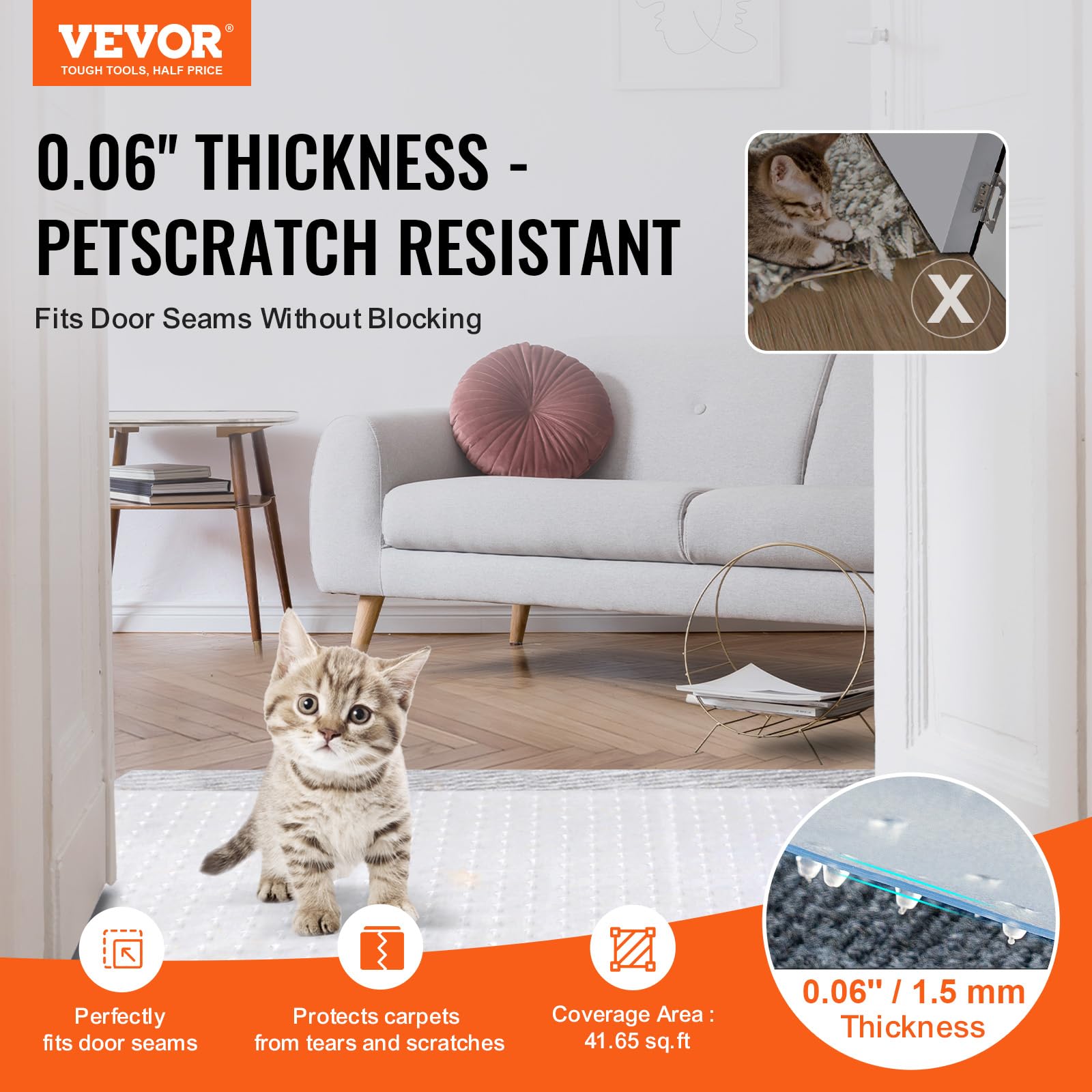 VEVOR Tappetino Protettivo per Animali Domestici 1097 x 380 mm PVC Antigraffio Tappeto Porta per Animali, Tappetino Antiscivolo Antigraffio, Tappo Antigraffio per Tappeti in plastica Facile Tagliare