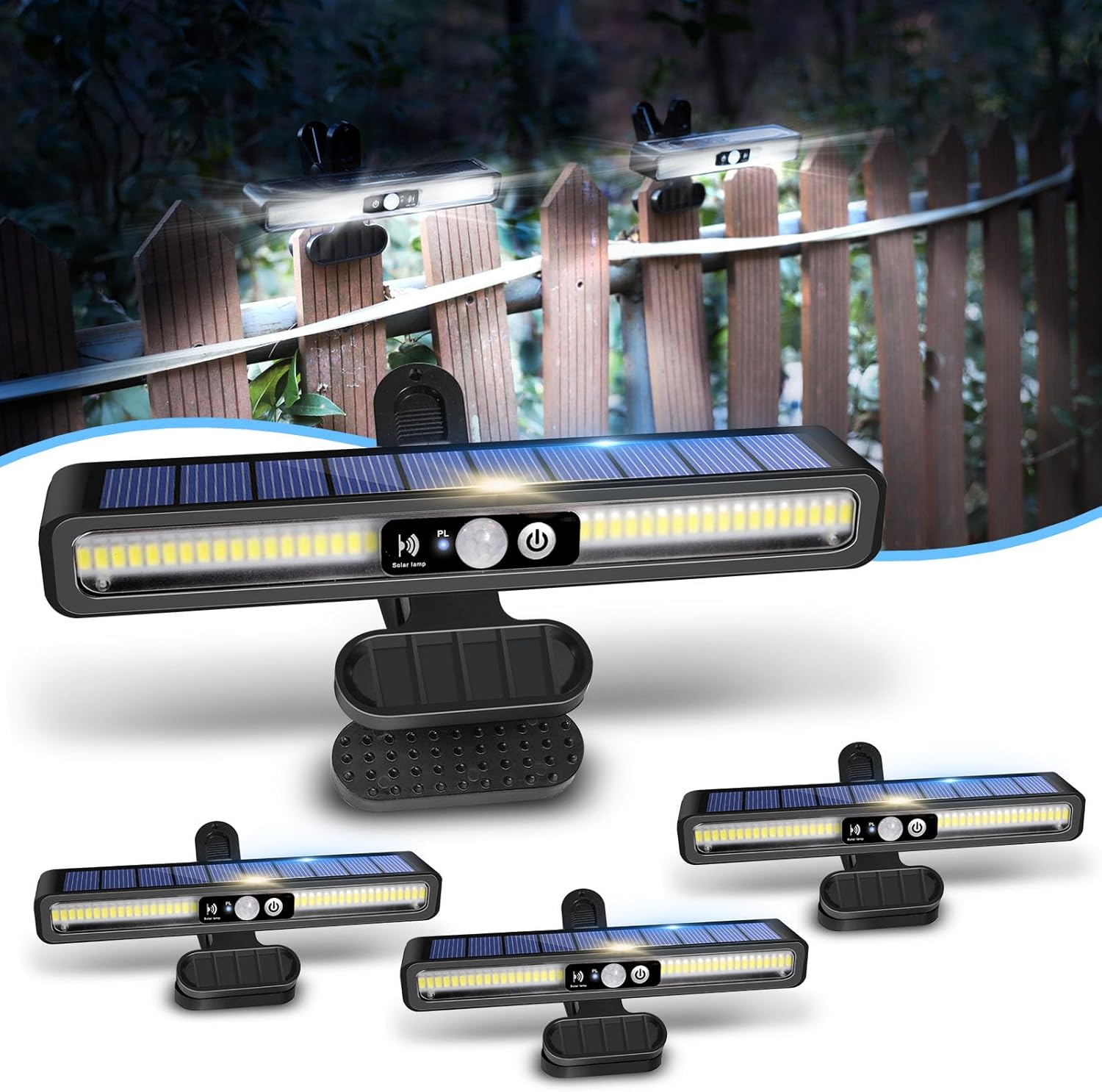 Clip On Photo voltaic Movement Lights Outside Waterproof, 4 Pack Movement Sensor Outside Lights with 36 LEDs, 6000K, Transportable Photo voltaic Powered Safety Mild for Fence Storage Tenting(Black)