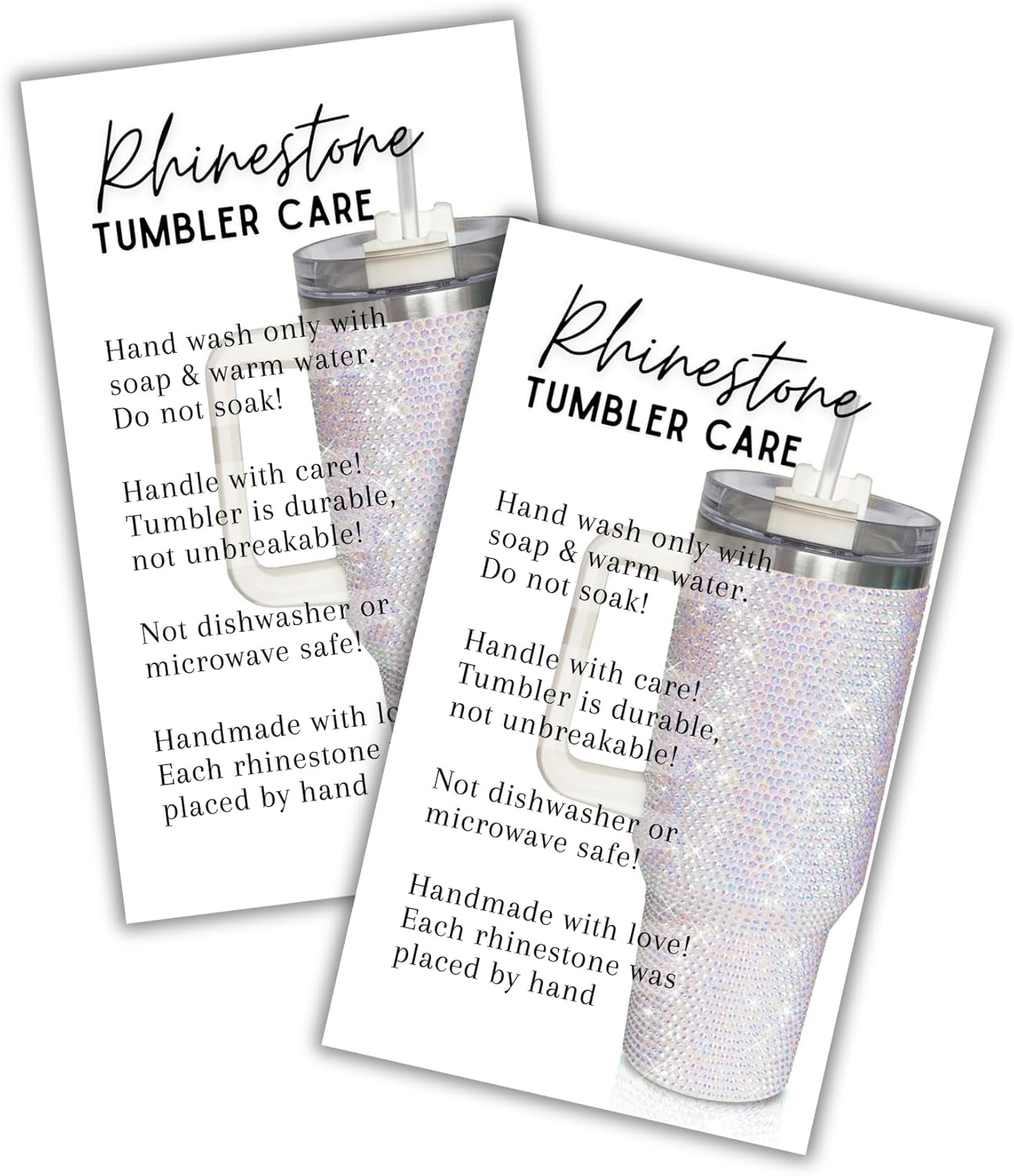 Rhinestone Bling Jeweled Cup Tumbler Custom Mug Care Instruction Cards 50 pk 2×3.5” Tags Stickers Washing Instructions Glitter DIY Price Tags