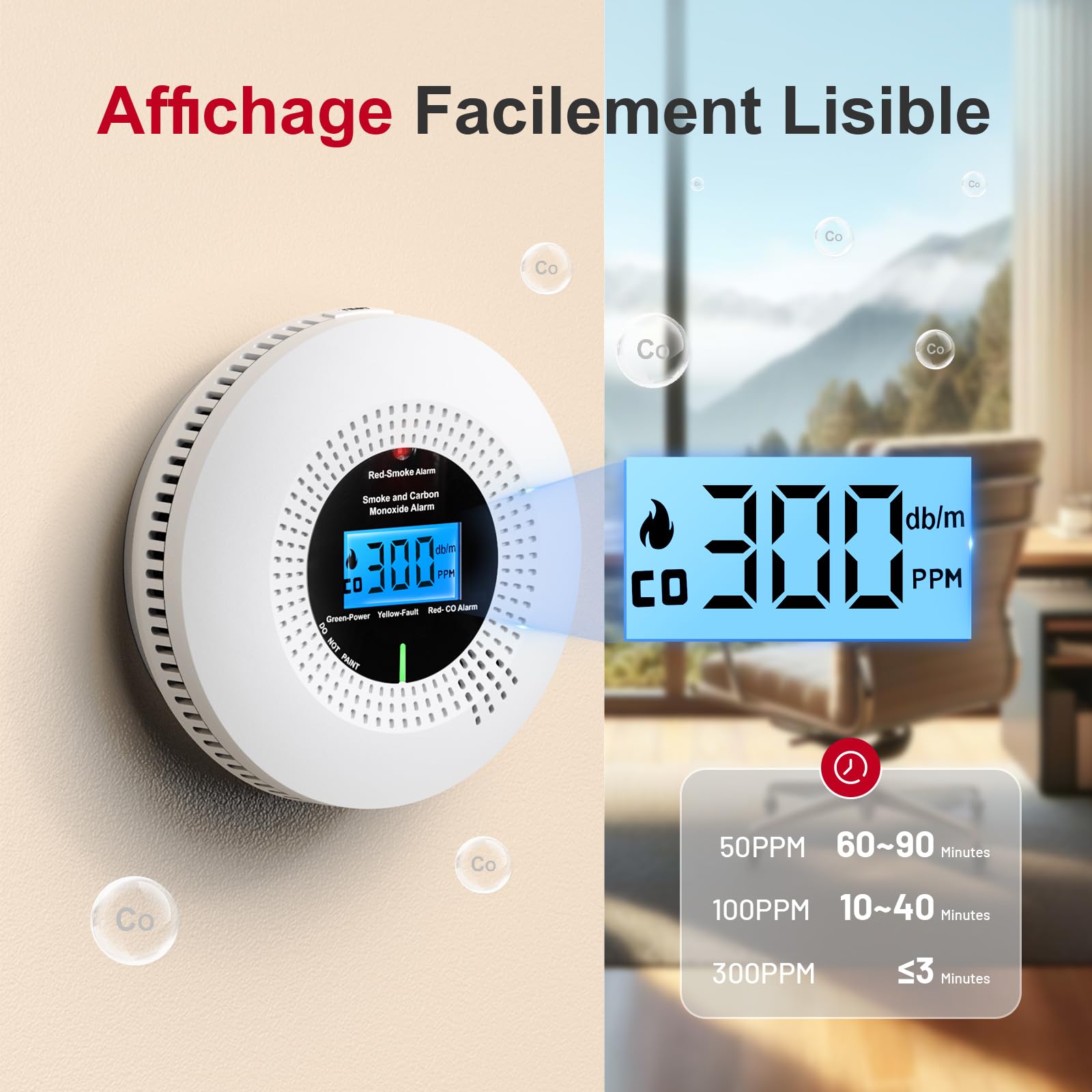 PHYSEN WiFi Détecteur de Fumée et de Monoxyde de Carbone, Durée de Vie de 10 Ans avec Batterie Remplaçable, avec Écran Numérique LCD Haute Précision, Certifié Normes EN14604 et EN50291, 1St