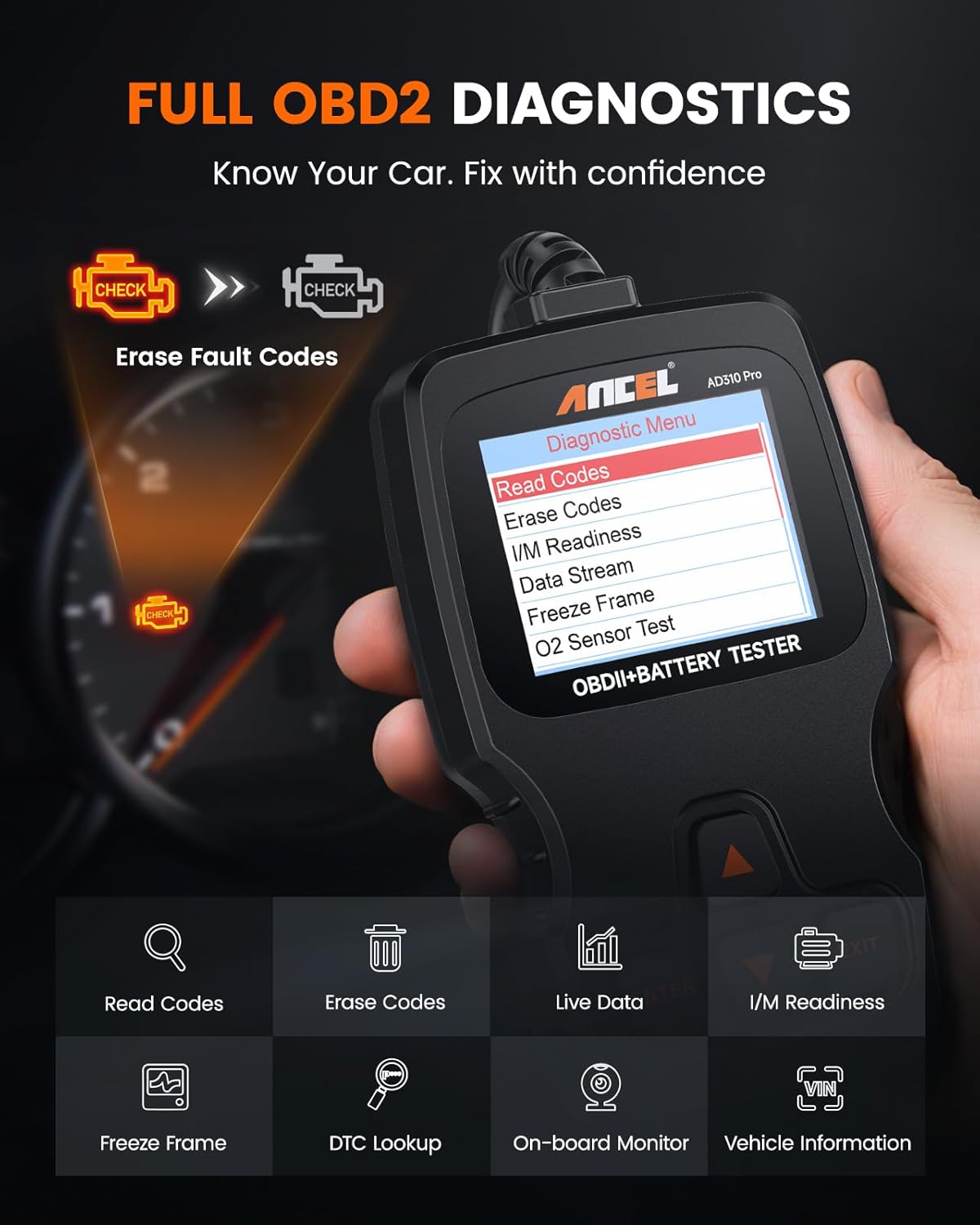 ANCEL AD310 Pro screen showing diagnostic menu options like Read Codes, Erase Codes, Data Stream