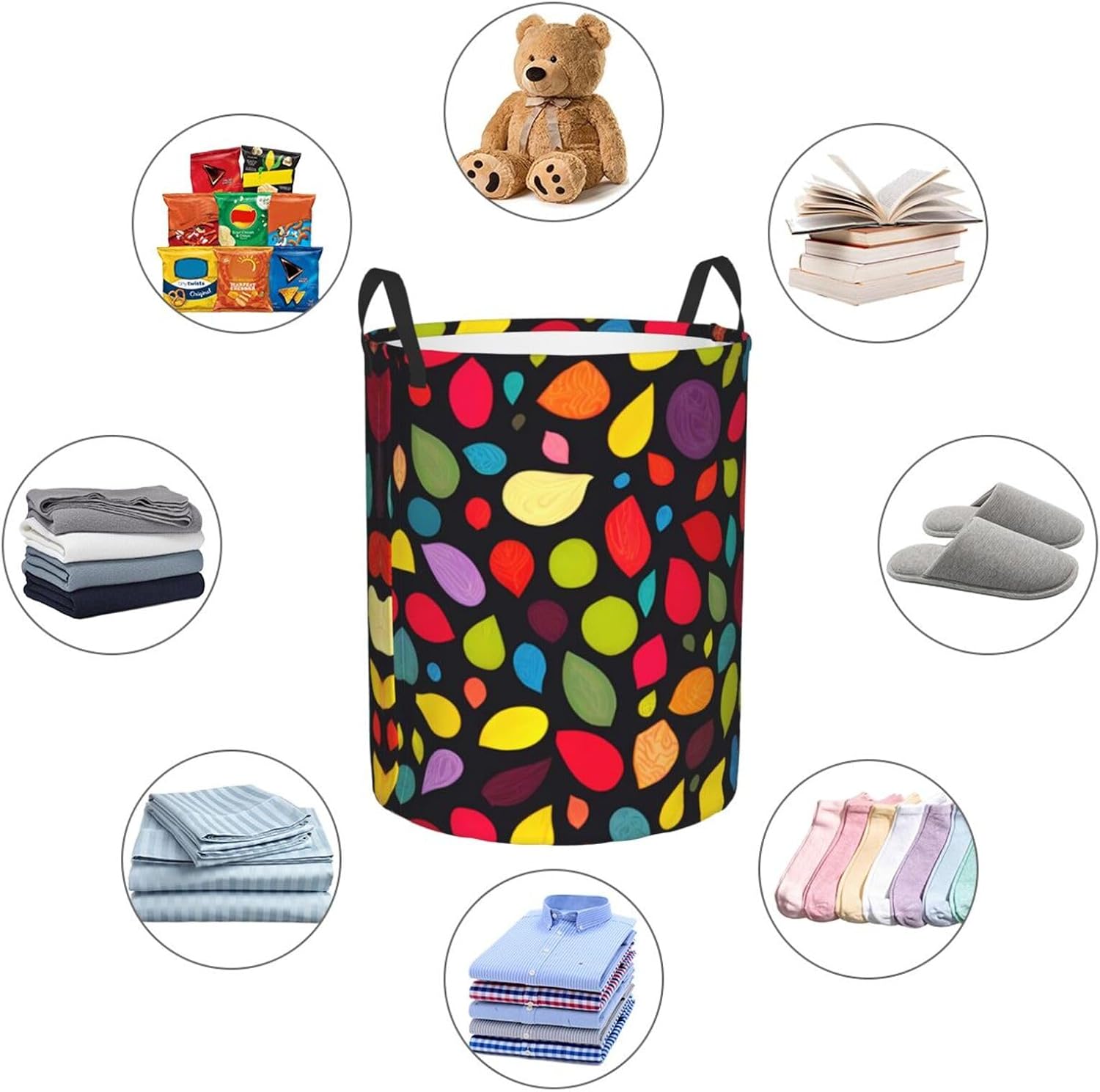 Colorful shape pattern Round Single-layer Laundry Basket, Portable Storage Laundry Basket, Bedroom Clothes Storage Basket with Handle
