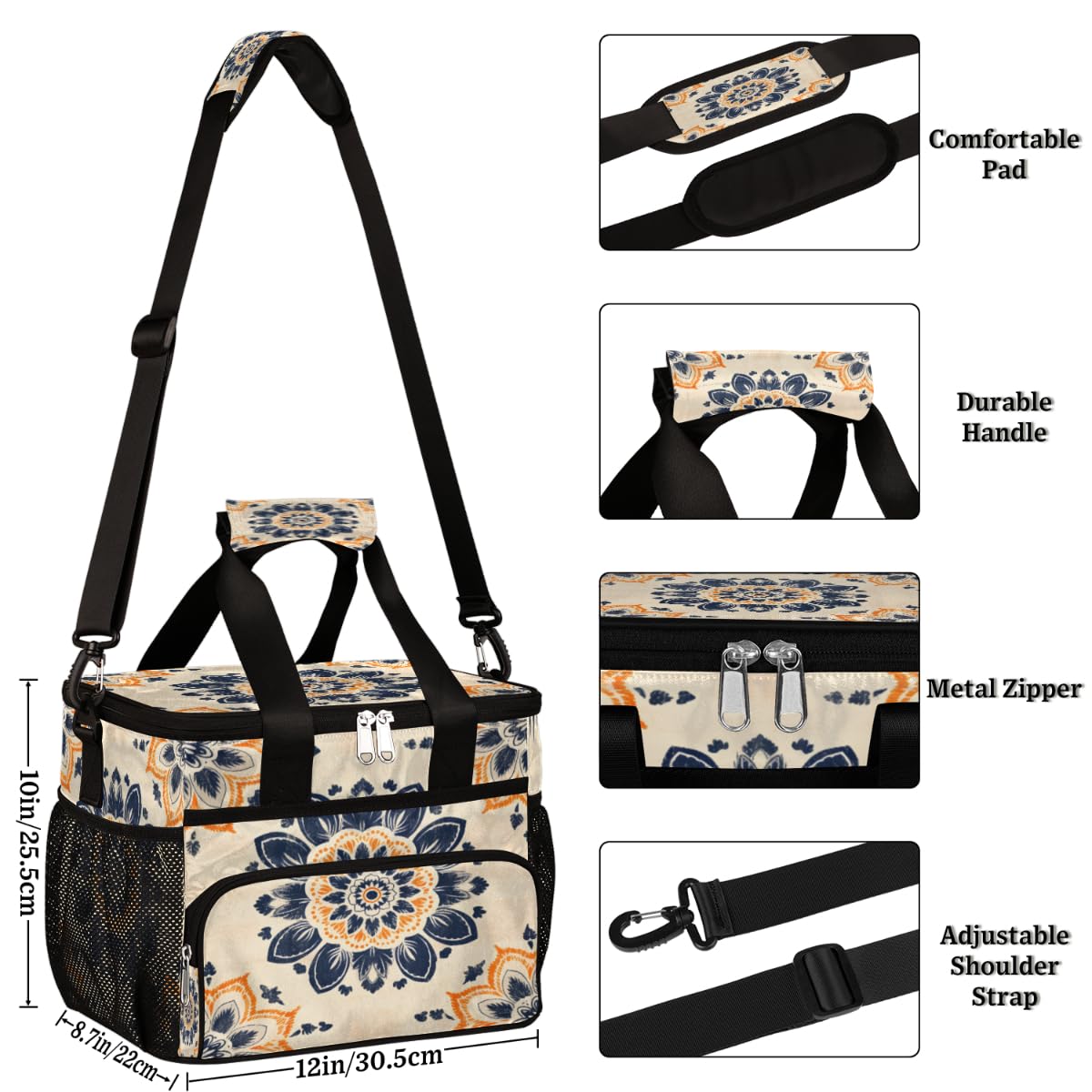 Ornamental Round Floral Insulated Picnic Backpack Lunch Box for Women Men Picnic Basket Tote Lunch Bag Picnic Bag Portable Lunch Bags for Picnic, Beach, Work, Trip,Office, Camp Ethnic